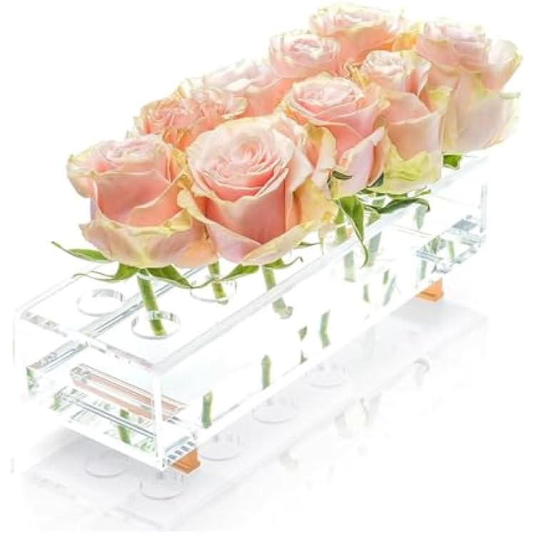 YoBa Acrylic Flower Vase Rectangular with Gold Plated Aluminum Legs, Clear Acrylic Flower Vase for Home Wedding Dining Table Decor, Gift for Your Loved Ones Flowers not Included 12 Holes