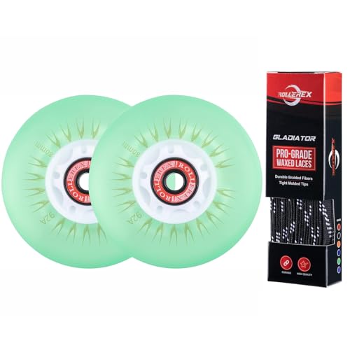 Rollerex 2-Pack, Glowrider 92A LED Light Up Wheels wBearings Blasted Green, 80mm Gladiator Waxed Skate Laces Jet Black, 72