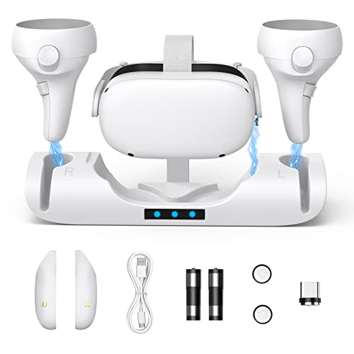Upgraded Charging Dock for Oculus Quest 2, Magnetic VR Charger with 2 Rechargeable Batteries for Oculus Quest 2 Accessories, VR Headset & Charger Controller Supports LED Indicator
