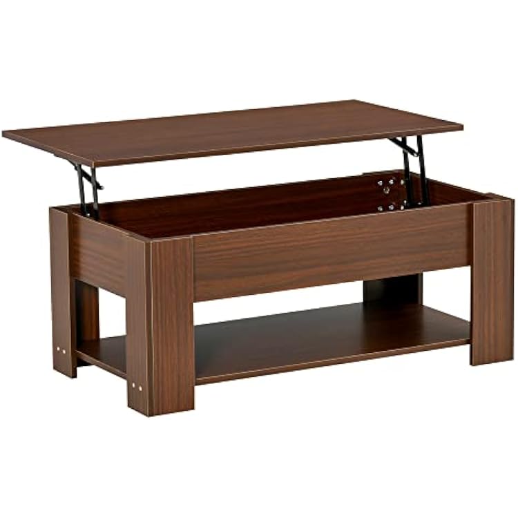 39 Lift Top Coffee Table with Hidden Storage Compartment and Open Shelf, Pop Up Coffee Table for Living Room, Brown