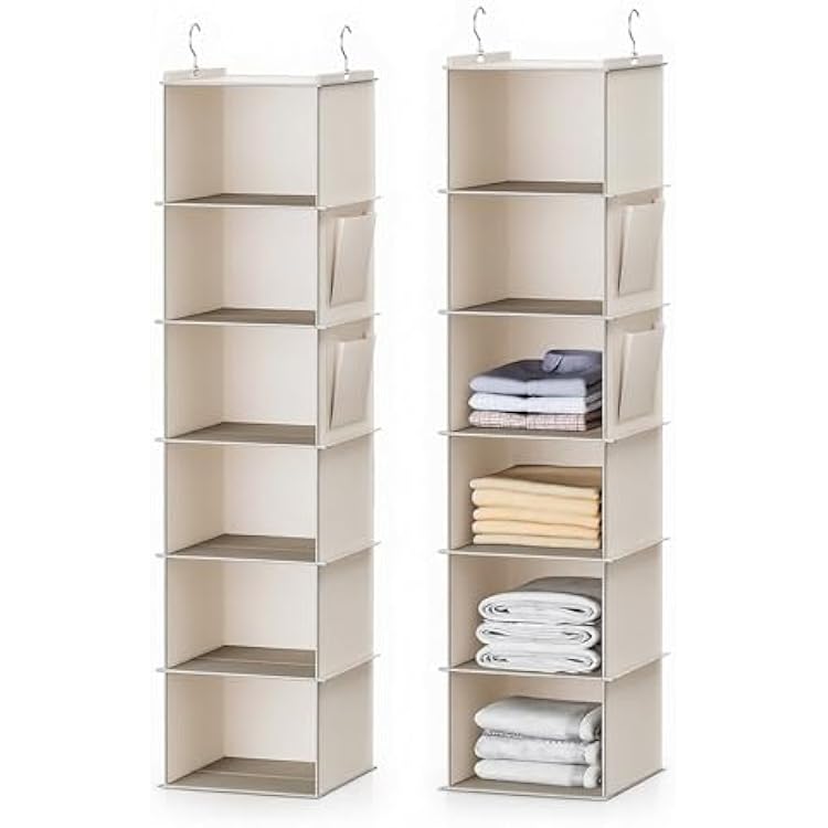 2 Pack 6-Shelf Hanging Closet Storage,Strong Frame Beige Closet Organizer with Side Pockets for Clothes and Accessories, Closet Organizers and Storage Solution, Send Goods from Local Warehouse