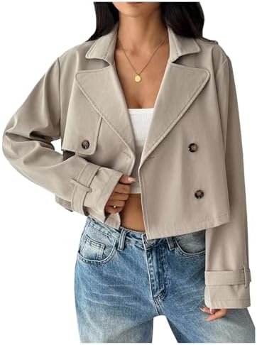 GORGLITTER Womens Cropped Trench Coat Lapel Button Down Long Sleeve Casual Jacket Outwear Fall Outfits 2025