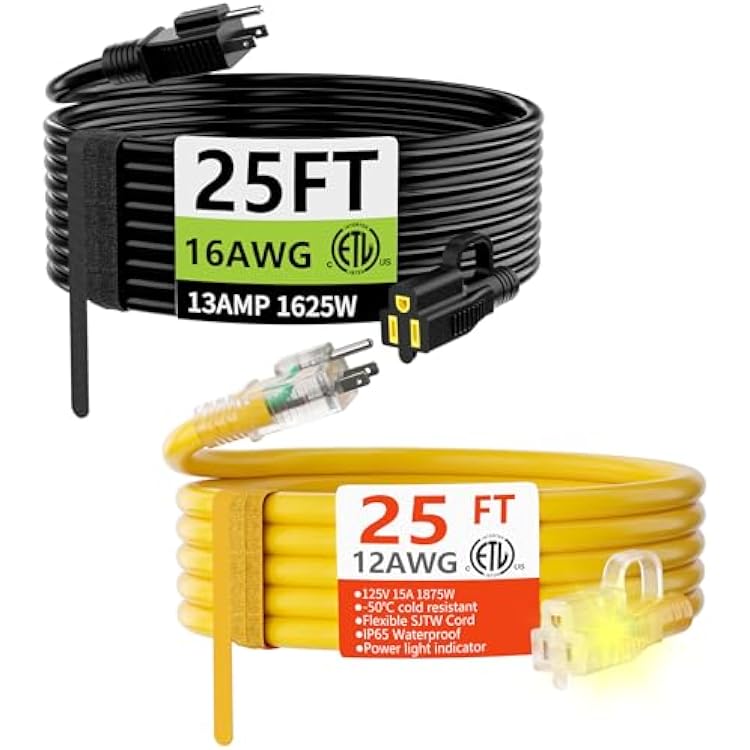 25FT 16awg Black&12awg Yellow Outdoor Extension Cord Waterproof, Weatherproof Flame Retardant Black 3 Prong Power Cord Outside for Lawn & Garden SJTW, ETL Listed
