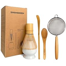 SHONMISEN Bamboo Matcha Whisk Set -Matcha Whisk (Chasen),Whisk Holder(White),Sifter,Tea Scoop and Tea Spoon