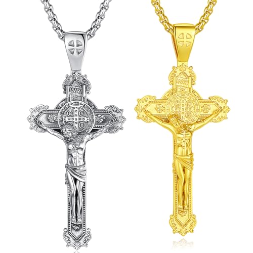 AEONSLOVE 925 Sterling Silver Crucifix Necklace for Men Women, St Benedict Crucifix Pendant Necklaces