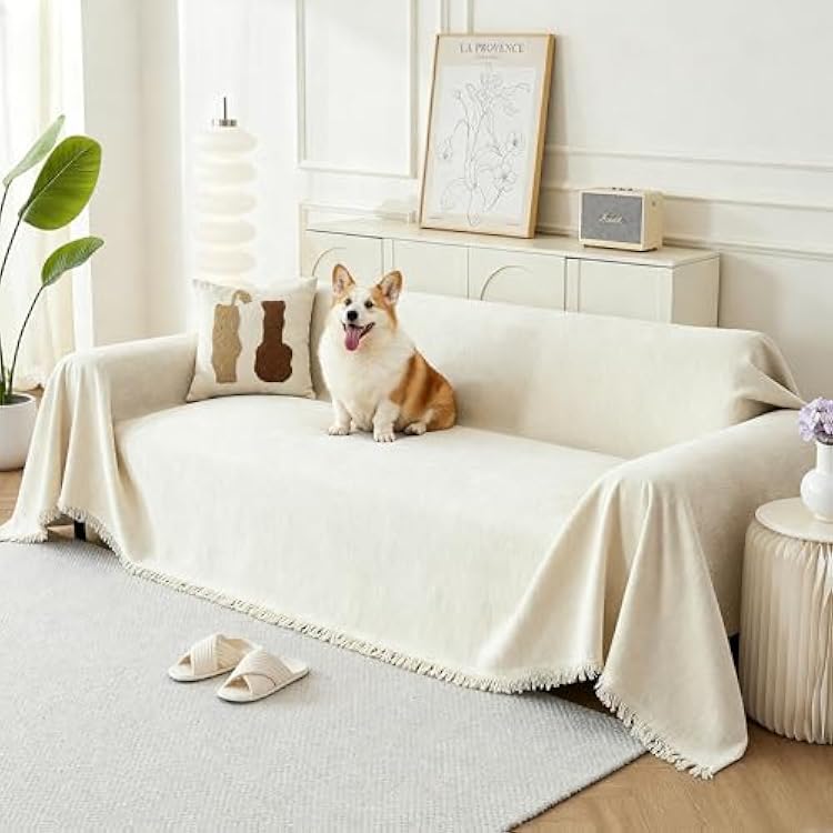 Couch Cover for Dogs, Boho Sofa Covers for 3 Cushion Couch, Chenille Sofa Slipcover for Pets Washable, L-Shape Sectional Couch Loveseat Cover Soft Throw Blankets with Tassels71x118,Cream