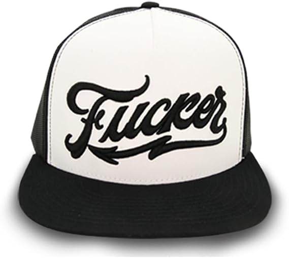 Trucker Hat Flat Bill Mesh Snapback 5-Panel White/Black Cap with Bold Front Embroidery One Size Adjustable Cotton/Poly/Nylon Blend Outdoor Summer Baseball Hat - One Size Fits Most