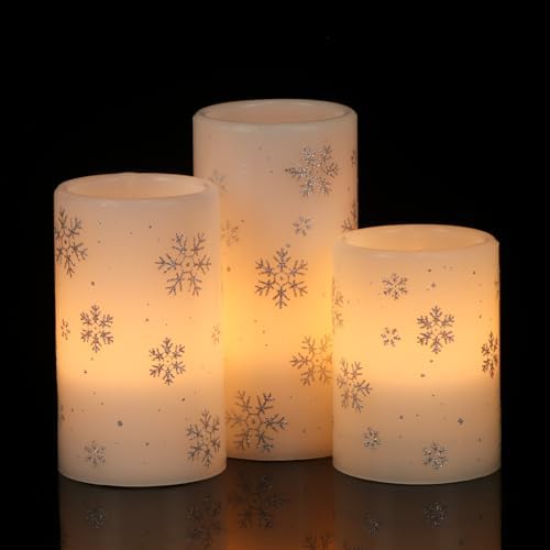 Silver Snowflake Flameless Flickering Candles Battery Operated with 6H Timer, 3 Pack Real Wax Warm Light LED Pillar Candles Dinner Tabletop Holiday Centerpiece Decor 3" x 6"