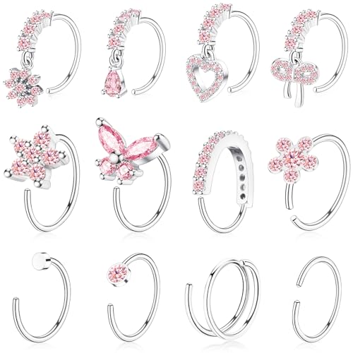 Hoop Nose Rings for Women Nose Piercings 20G Stainless Steel Nose Rings Hoops Heart Butterfly Flower Bow Teardrop Double Nose Hoops Gold Plated Silver Pink Clear CZ Nose Piercing Jewelry