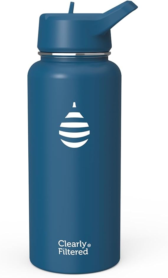 Clearly Filtered Water Bottle | Removes 200+ Contaminants, Double-Wall Insulated Stainless Steel, BPA/BPS Free, Phthalate Free, Filters Flouride Lead Chlorine (32oz, Navy Blue) | Insulated Stainless Steel, Reduces Fluoride, Lead, Chlorine, Straw Lid, BPA Free, Leak Proof, Hiking, 220+ Filtered