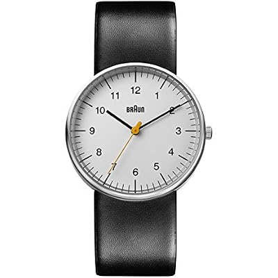 Braun Mens 3-Hand Analogue Quartz Watch, White Dial and Black Leather Strap, 38mm Stainless Steel Case, Model BN0021BKG.