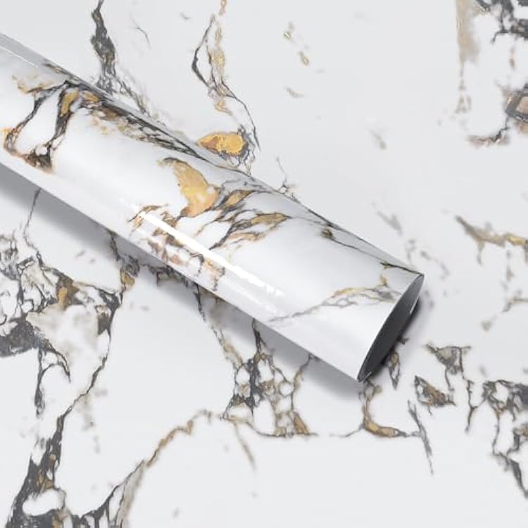 White Glossy Gold Veins Marble Contact Paper peel and stick Countertops Granite kitchen Wallpaper Adhesive 16x591inch Vinyl laminate sheets cabinets sticker Bathroom removable for Walls Wrapping Paper