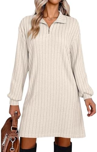 Halife Womens Casual Long Sleeve Fall Dresses V Neck Ribbed Knit Lightweight Sweater Dress with Zippers