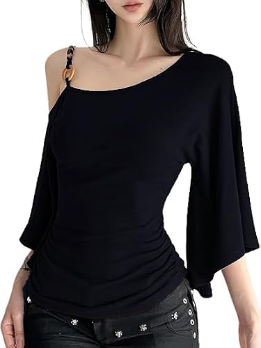 Chvity Women One Shoulder Halter Top 3/4 Bell Sleeve Off The Shoulder Tops Solid Slim Fit Spring Summer T-Shirt Tees Black