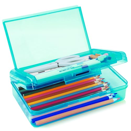 1 Pack Double Layer Hard Pencil Cases, Plastic Translucent Pencil Box with Snap-Tight Lid for Pens, Pencils, School, Stylish Office Supplies Storage Organizer Box,Medium-sized