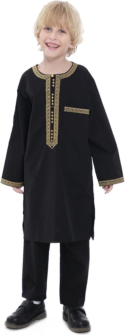 Boy's Muslim Clothing Kaftan Set - Middle East Youth Embroidered Robe Suit Round Neck Islamic Dress Arabic Wear