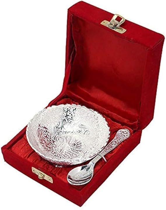 Rastogi Handicrafts Aluminium -Silver Plated Small Bowl Set with Spoon Size - 3.5 Inch Diameter Bowl, capacity -100 ml /3.38 OZ