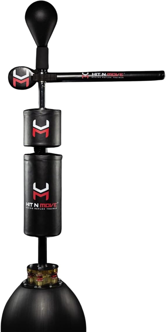 Hit N Move Boxing Reflex Trainer | Height Adjustable with Water/Sand Filled Stable Base | Double End Spinning Speed Ball Target and Bar with Optional Body Target To Combine More Drills While Training