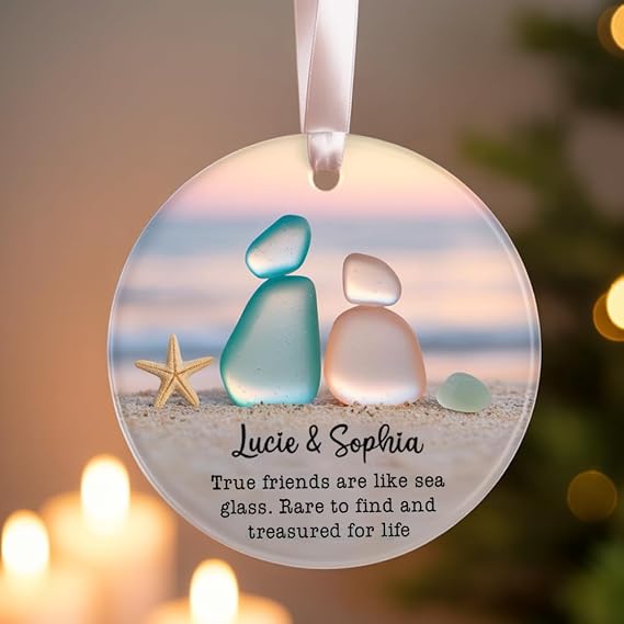 Personalized Friendship Ornament 2025, Friends are Like Stars Quote Ornament, Custom Pebble Sea Glass Design, Bestie, Timeless Friendship BFF Keepsake Decoration, 3