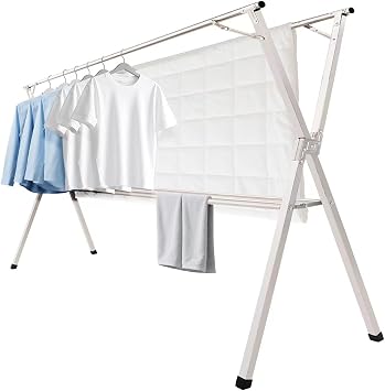 95 inches foldable clothes drying rack, heavy duty stainless steel laundry drying rack for indoor outdoor , clothes rack adjustable length. 3 additional reinforcement bars with 20 windproof hooks