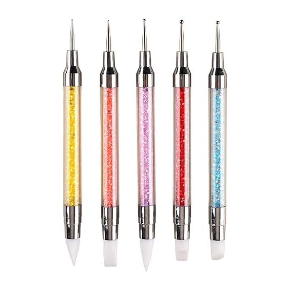 FULINJOY 5PCS Dual-Ended Nail Art Sculpture Pen Dotting Tools, Silicone Nail Polish Brushes Stainless Steel Carving Drawing Dotting Tool, Acrylic Rhinestone Handle, Nail Art Tools