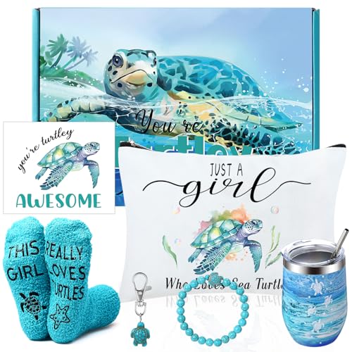 Tondiamo 7 Pcs Sea Turtle Gifts for Women Includes Stainless Steel Tumbler Makeup Bag Keychain Card Socks Bracelets for Women Turtle Lovers Birthday Party Gift