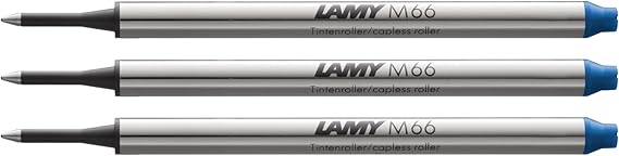 Lamy M66 3-pack metal rollerball refill with large capacity - Original replacement refill for all rollerball pens without cap - Document-proof - Medium line width in blue ink