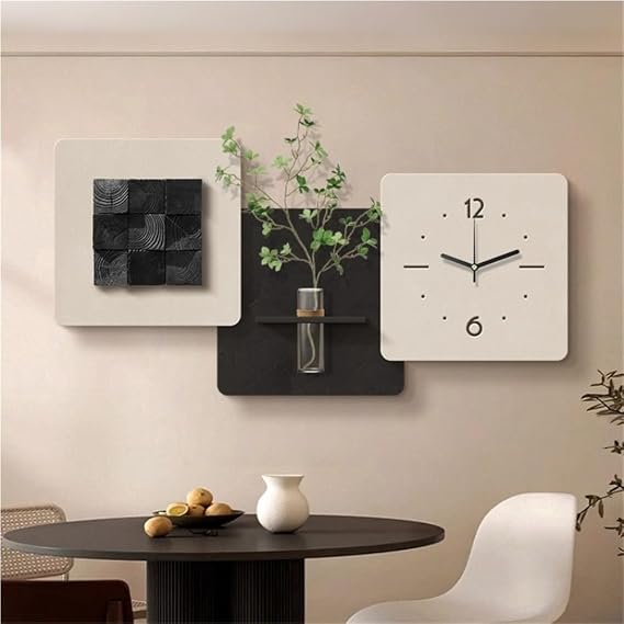 Living Room Wall Decoration with Clock, 3D Decorative Wall Clock with Glass Vase, Sandstone Wall Art for Bedroom and Study Room(Black,19.7 * 39.4 in)