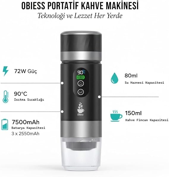 Obıess Taşınabilir Espresso Kahve Makinesi Siyah Şarjlı Kapsül ve Öğütülmüş Kahve ile Uyumlu V3