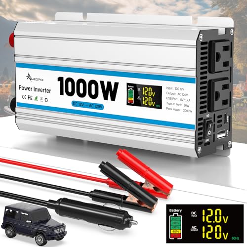 1000W Car Inverter 12V to 110V DC to AC Power Inverters for Vehicles with 2 AC Outlets36W PD USB-C18W QC USB-A Fast ChargingCigarette LighterLED Display100A Cables 1000 Watt Inverter