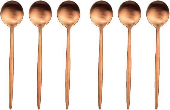 Copper Stain Flatware, Modern 6 Pieces Matte Rose Gold 304 Stainless Steel Dessert Spoon Salad Spoon 7.2", Camping Dinnerware Set Tableware Wedding Festival Christmas Eating Utensils