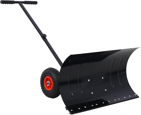 Snow Shovel with Wheels Heavy Duty Snow Pusher Angle Adjustable 29" Blade Snow Clean Removal Tool for Driveway or Pavement 10" Wheels