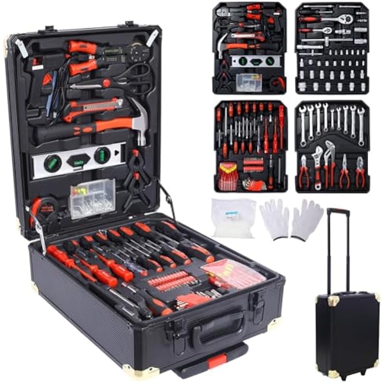 969pcs Home Repair Tool Set Kit for Men, Toolbox Storage Case with 4 Drawers, Household Tool Kit with Rolling Tool Box, Tool Set Kit for Maintenance, Garden, Homeowner, Handyman