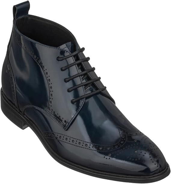 TOTO Men's Invisible Height Increasing Elevator Shoes - Dark Blue Premium Leather Lace-up Wing-Tip Dress Boots - 2.8 Inches Taller - K99603- Size 6.5 D(M) US