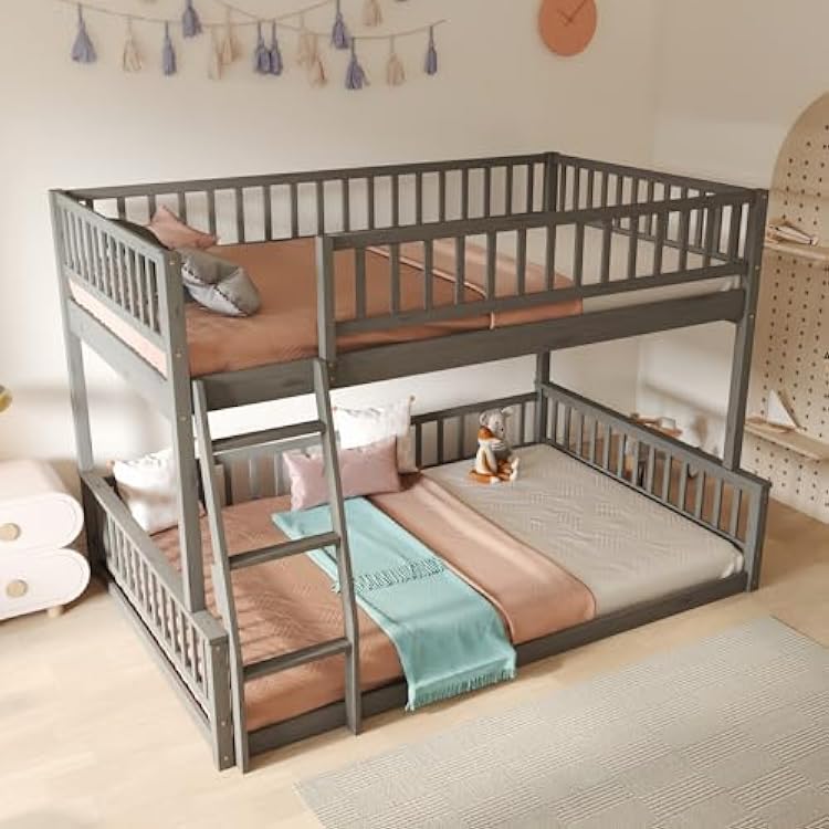 LZ LEISURE ZONE Full XL Over Queen Bunk Bed, Detachable Design Bunk Beds, Modern Wood Bunk Bed Frame with Ladder and Guardrails, No Box Spring Needed, Gray