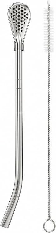 Busstier Süzgeç Uçlu Metal Pipet Seti, Filtreli Kaşık Pipet, Temizleme Fırçası Dahil, Kokteyl Sunum Bitki Çayı ve Yerba Mate (Bombilla) için Tekrar Kullanılabilir Şık Tasarım