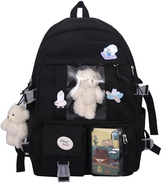 Selena Kawaii Backpack with Badges and Bear Accessories Aesthetic Cute Harajuku Itabag (Backpack+2 Bear Accessories+Badges,Black)