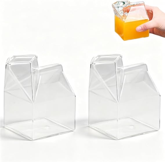 2PCS 250ml Glass Milk Carton, Glass Milk Carton Creamer Cute Clear Kawaii Milk Carton Cup Mini Creamer Pitcher Container for Milk Coffee Water Juice Beverages