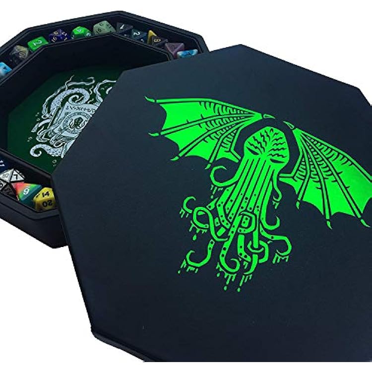 Fantasydice-Cthulhu Tome-Green - Dice Tray - 9 Octagon with Lid and Dice Staging Area- Holds 5 Sets7 Dice SetStandard for All Tabletop RPGs Like D&D, Call of Cthulhu, Shadowrun.