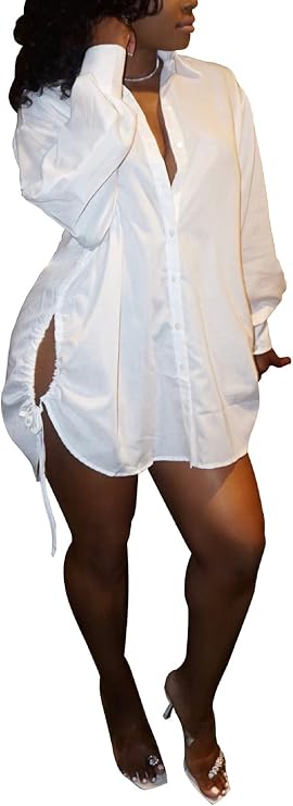 Womens Shirt Mini Dress Sexy V Neck Long Sleeve Lace up Button Down Short Dresses