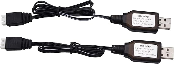 Blomiky 2 Pack 7.4V 1A USB Charge Cable with XH-3P Plug for 2S Lipo Battery with XH-3P Connector / 7.4V 1A USB 2