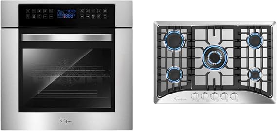 Empava 24" 10 Cooking Functions W/Rotisserie Electric LED Digital Display Touch Control & 30" Gas Stove Cooktop with 5 Italy Sabaf Sealed Burners NG/LPG Convertible in Stainless Steel, 30 Inch