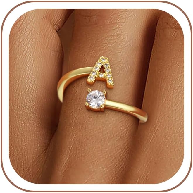 Eaciy Gold Initial Rings for Women Girls, Dainty 14K Gold Plated Adjustable Letter Rings Teen Girl Gifts Trendy Stuff Non Tarnish Ring Birthday Gifts for Toddler Teens