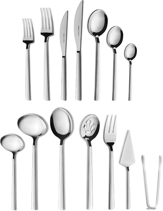 Karaca Carmelo Silverware Set For 12, 91-Piece Everyday Flatware Set, Service For 12, Premium 18/10 Stainless Steel, Heavy Duty Luxury Cutlery with Serving Utensils, Mirror Polished Platinum Finish