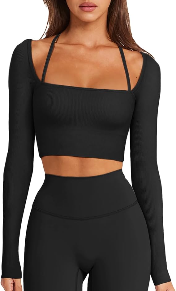 LASLULU Womens Sexy Halter Neck Crop Top Seamless Long Sleeve Workout Tops