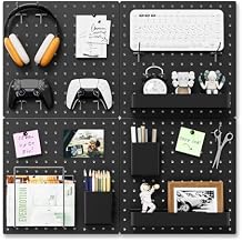 FZK Peg Board, 25pcs PegBoard Wall Organizer, 12in*12in, Includes 4 Black Pegboard and Accessories, Plastic PegBoard for Room, Office, Game Room, Kitchen and Bathroom