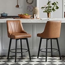 24" Counter Height Bar Stools Set of 2, Swivel Bar Stools with Backs, Faux Leather Upholstered Counter Barstools with Solid Wood Legs for Kitchen Island,Brown