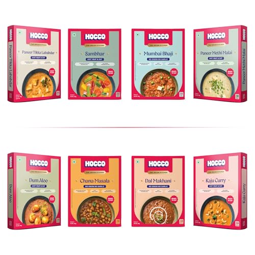 HOCCO | Ready to Eat Authentic Indian Meal Kit | Ready in 5 Mins | Vegetarian food | Sabji | Paneer | South Indian | No Preservatives | Preservative free | Travel Meal | Quick Healthy Meal | No Added flavors, Microwavable Microwave friendly | Natural Ingredients | Variety Combo | Palak Paneer | Paneer Tikka | Masala | Chana Masala | Pav Bhaji | Street Food | Mumbai Bhaji | Rajma | Sambar Idly Pack of 8, Variety Combo