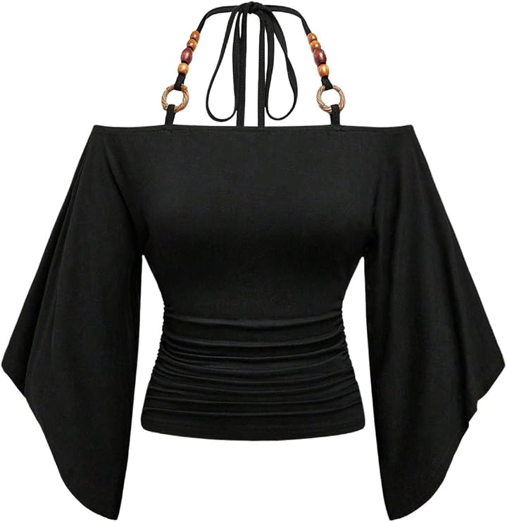 Verdusa Women's Y2k Off Shoulder Halter Top Cinched Waist Going Out Tops