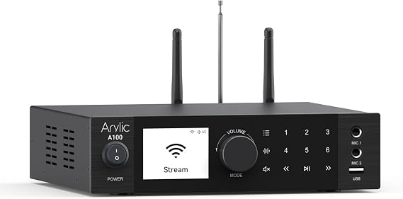 Arylic A100 Wireless Full Digital HiFi Amplifier with FM Radio, 100W2 WiFi & Bluetooth Audio Receiver, Supports AirPlay, Spotify Connect,Multiroom, Ideal for KTV, Home Theater, and Broadcasting.